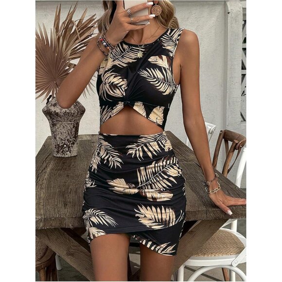 Women's Beach Dress Polyester Mini Dress Cut Out Twist Sleeveless Vacation - Picture 3 of 6